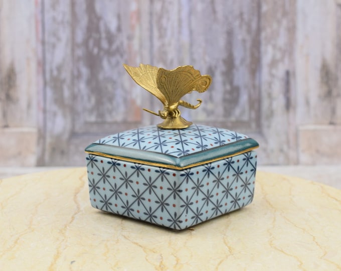 Antique Blue Porcelain Casket with Bronze Ornaments - Porcelain Box with Lid on Bronze Base - Butterfly-shaped Handle - Home Decor Gift Idea