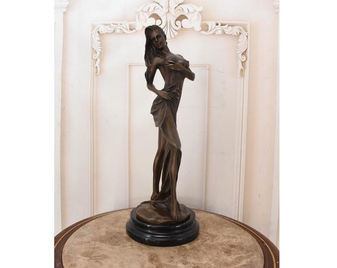 Art Deco Bronze Lady Sculpture – Woman in Dress, Marble Base