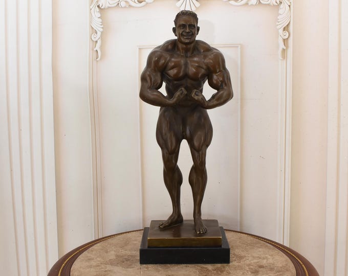 Vintage Bronze Bodybuilder Sculpture Signed French Strongman Figurine Marble Base Home Decor Art