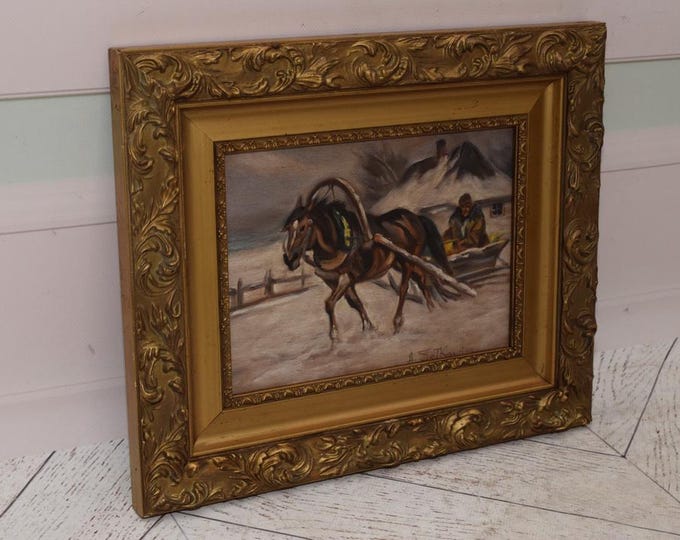 Antique Painting Hunting Trip - Hunter Painting - Winter Landscape - Wall Home Decor - Nice Goldene Frame - Gift for Hunter