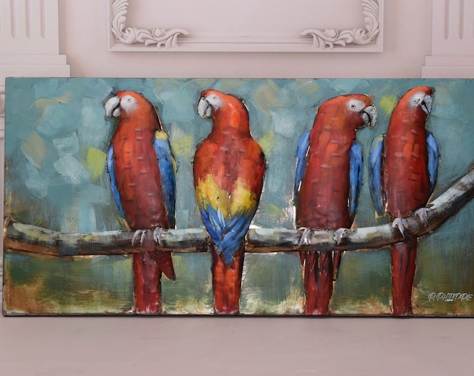 Painting 3d Metal - Four Parrots - Handmade Painting  - Parrot Art - Wall Art - Wall Decor - Home Decor - Gift for Wedding