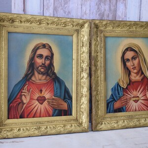 Tableaux anciens faits main Cœur de Jésus et le cœur de Marie 2 tableaux sacrés Tableau ancien d'Adam Styka Jésus et Marie Idée cadeau image 2