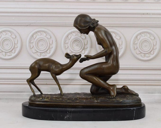 Woman with Fawn - Roe Deer Statue - Girl Sculpture on Marble Base - Bronze Vintage Figure - Foundry Mark - Gift  for Birthday - Home Decor