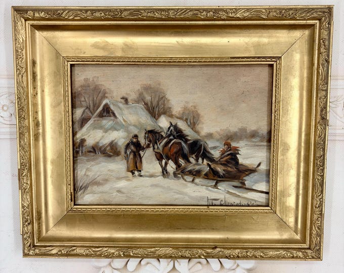 Antique Winter Landscape – Eastern Borderlands – Oil Painting on Wood - Chmielinski Art