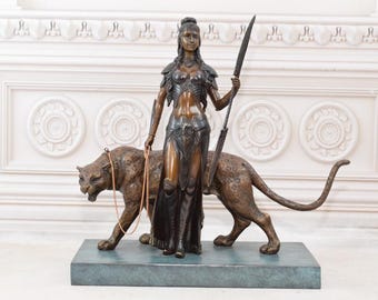 Very Rare! Warrior Amazon Goddess with Tiger Bronze Statue - Vintage Bronze Sculpture on Marble Base - Gift Idea - Home & Office Decor