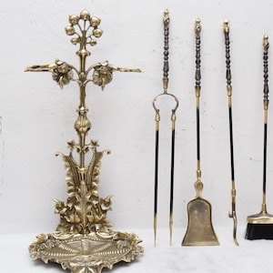 Handmade Polished Brass Fireplace Tool Set: Poker, Tongs, Hook