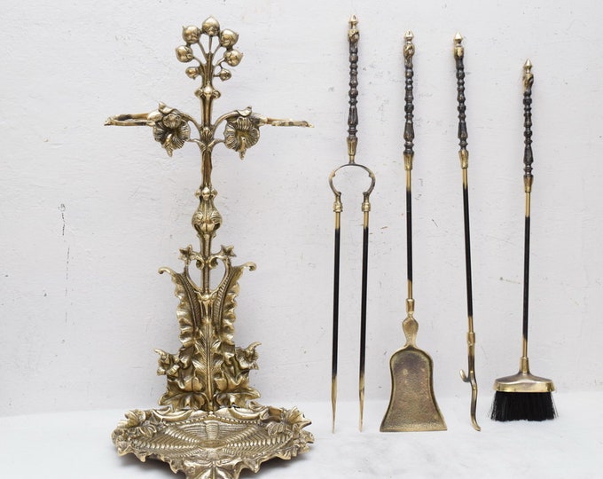 Set of Fireplace Tools Made of Polished Brass - Fireplace Accessory - Stove Tong Set - Exclusive Hunter Gift Idea