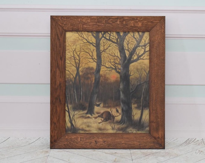 Antique Polish Oil Painting – Winter Nocturne Landscape with Hunted Deer – Classic Canvas Artwork, Signed, Vintage Wall Decor
