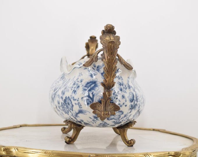 Antique Porcelain Bowl with Bronze Ornaments – Elegant Blue Plateau – Unique Home Decor & Gift Idea for Birthday - Collectible Art