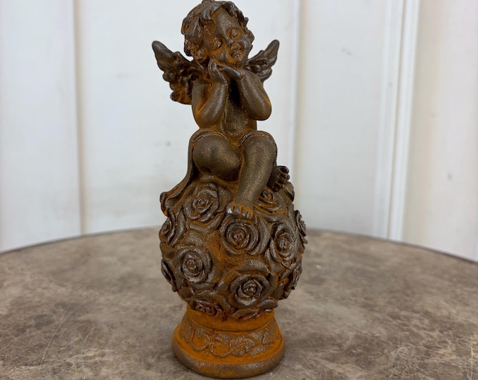 Rustic Cast Iron Angel Figurine – Cherub Rose Garden Statue, Vintage Style Decor