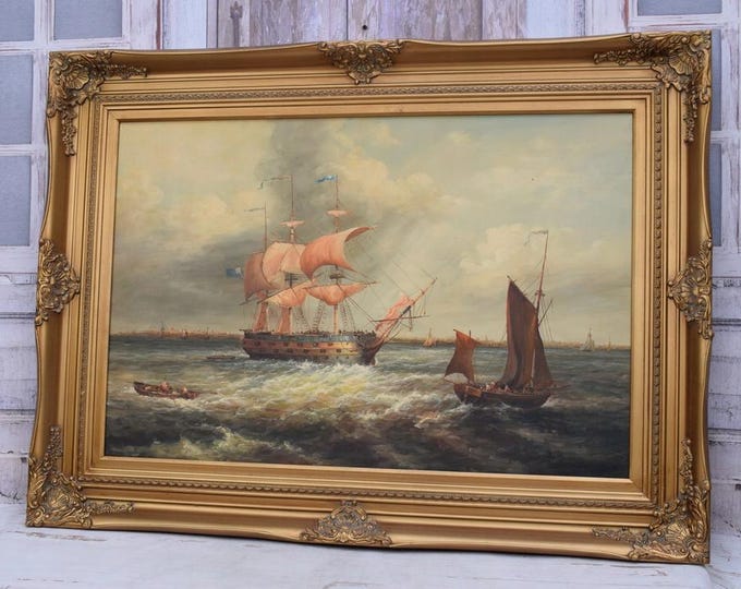 Large Vintage Maritime Oil Painting - Sailing Ships and Harbor Scene
