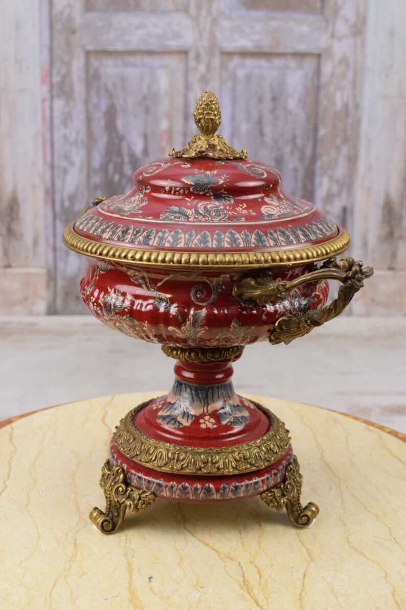 Art Nouveau Red Porcelain Vase: Bronze Ornaments, Flower Design Home ...