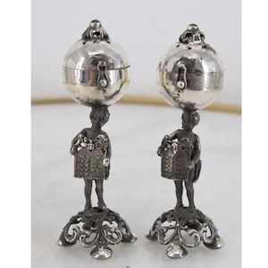Antique Russian 84 Silver Judaica Set – Boys Holding Torah – Salt & Pepper Besamim Boxes – Imperial Tsarist - Gift Idea