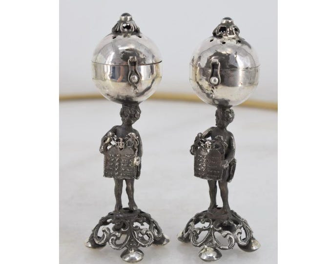Antique Russian 84 Silver Judaica Set – Boys Holding Torah – Salt & Pepper Besamim Boxes – Imperial Tsarist - Gift Idea