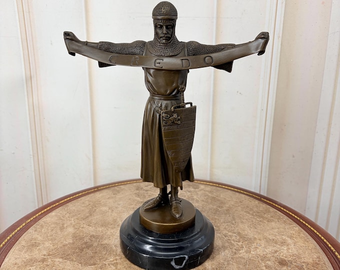 Vintage Medieval Knight Bronze Figure - CREDO Crusader Statue on Marble Base - Gothic Historical Decor