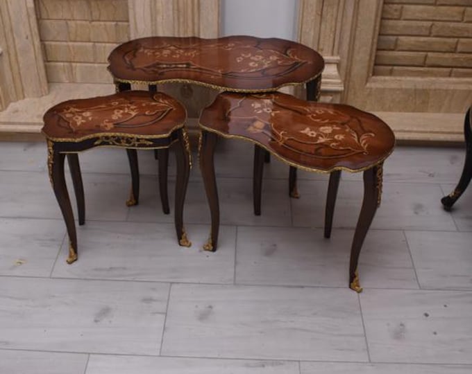 French Louis Style Nesting Tables - Inlaid Wood, Bronze Mounted - Set of 3