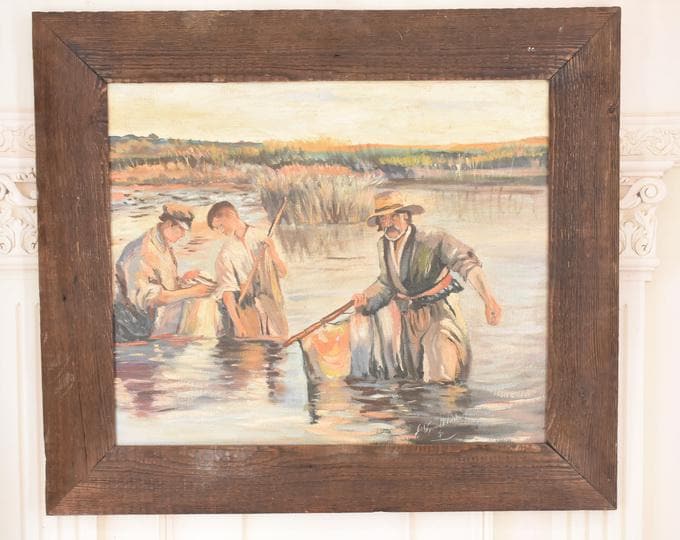 Old Oil Painting on Canvas – Fishermen with Nets – Fishing Scene – Old Maritime Wall Art