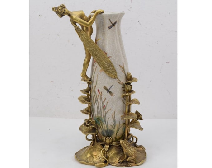 Porcelain Flower Vase - Bronze Ornament Woman and Frog - Gift for Wedding - Richly Decorated - Art Nouveau Vase - Flower Pot Porcelain