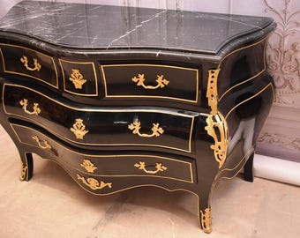 French Commode – Black and Gold Ronaments, Vintage Baroque Chest