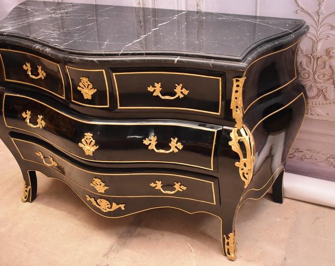French Commode – Black and Gold Ronaments, Vintage Baroque Chest