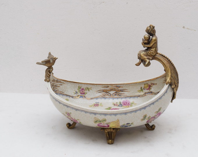Mother and Baby Porcelain with Bronze Plateau Flowers Motiv Casket Art Nouveau Ornaments  Vintage Art Deco Gift -