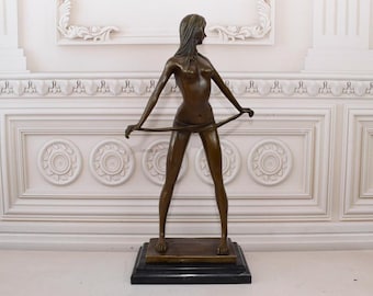 Bronze Woman Figurine on Marble Base: Signed Art Deco Statue
