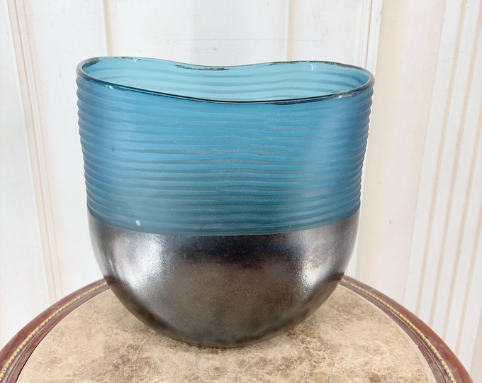 Vintage Blue and Black Art Glass Vase - Heavy Decorative Glass - Modernist Style