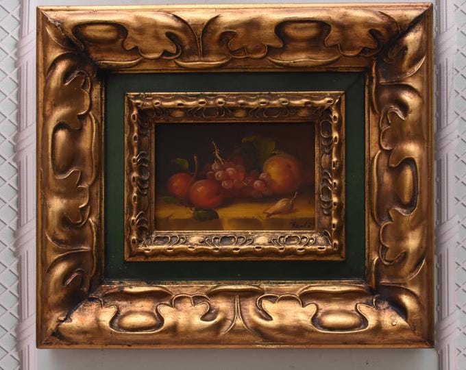 Still Life Grapes Painting | Vintage Oil on Wood with Golden Frame | French Fruit Artwork | Rustic Wall Decor | Wedding Gift