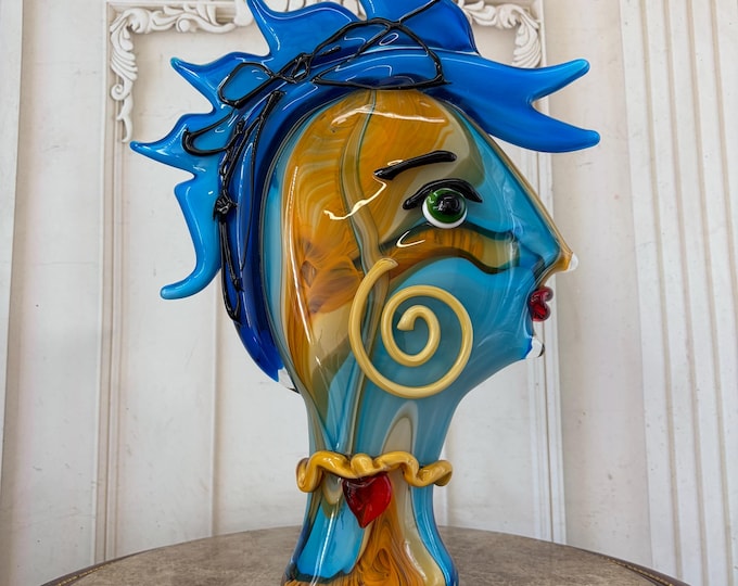 Vintage  Glass Woman Head Statue - Blue & Orange Figurine