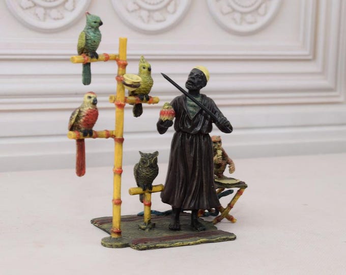 Arab with Parrots Trainer Bronze Figurine – Hand-Painted, Signed, Vintage Vienna Style Collection – Unique Collectible Statue - Home Decor