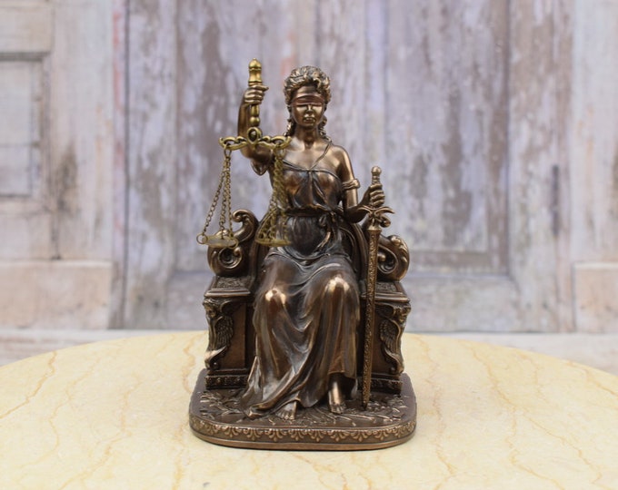 Lady Justice Sculpture Bronze - Sitting on Throne Justice Figurine - Art Work Gift for Lawyer and Judge - Statue Justitia - Home Decor