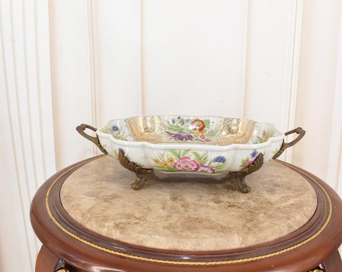 Handmade Painted Porcelain Bowl: Vintage Floral Design with Bronze Ornaments