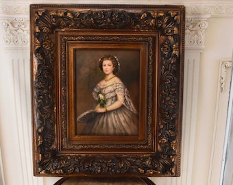 Large Painting Portrait French Aristocrat - Goldene Frame - Portrait Woman - Old Oil on Canvas - French Art - Wall Decor