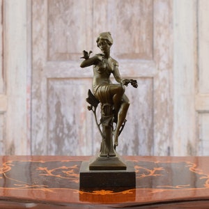 Woman with Birds Bronze Statue on Marble Base - Art Deco Bronze Sculpture - Home Decor - Foundry Mark - Elegant Vintage Gift