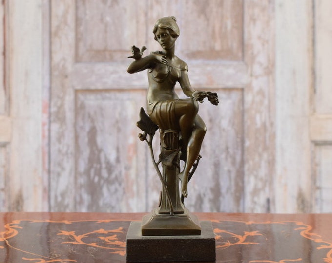 Woman with Birds Bronze Statue on Marble Base - Art Deco Bronze Sculpture - Home Decor - Foundry Mark - Elegant Vintage Gift
