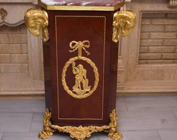 Royal French Triangular Cabinet Chest – Marble Top – Gilt Bronze Ram Heads – Antique Wooden Commode