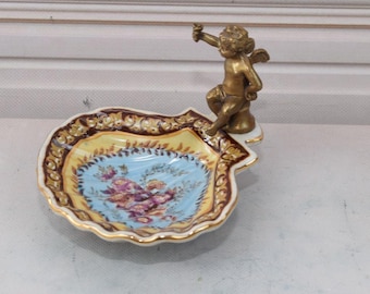 Vintage Art Nouveau Porcelain Soap Dish with Bronze Angel