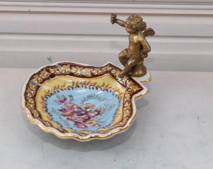 Unique Soap Dish Porcelain - Vintage Plateau Porcelain with Bronze Angel - Art Nouveau Porcelain - Flowers Ornaments - Vintage Gift