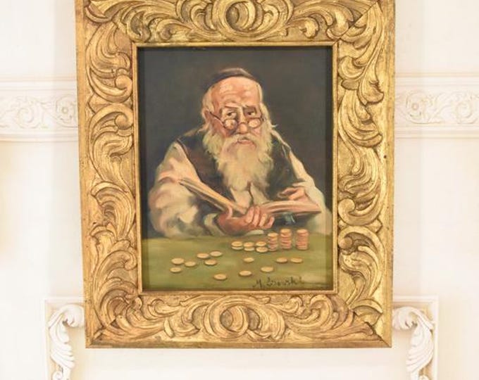 Antique Jewish Oil Painting Signed Lille: Jew with Coins, Judaica Art