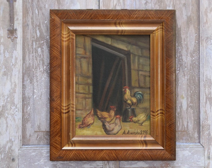 Rooster and hen in the henhouse - antique painting 1906 oil on wood - painting farm - gift for farmer - wall decor - home decor