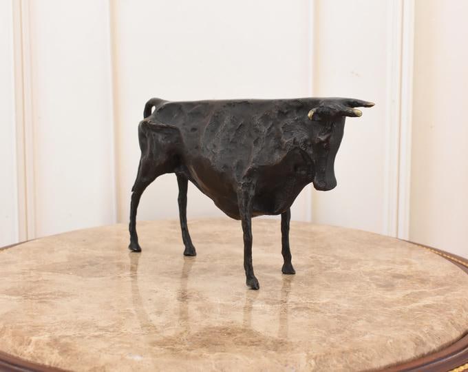 Picasso Style Bronze Bull Sculpture: Signed Modern Art Decor