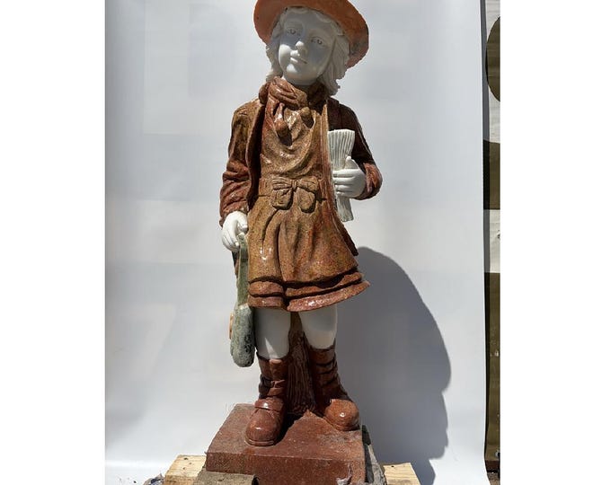 Large Vintage Marble Child Statue – French Style Garden Sculpture, Heavy Stone Figurine