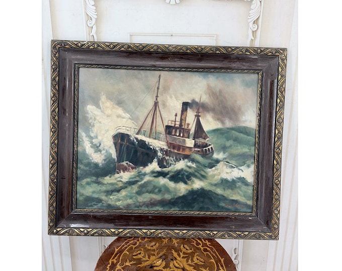 Vintage Sailing Ship Painting - Oil on Canvas - Ship at Sea - Maritime Wall Art