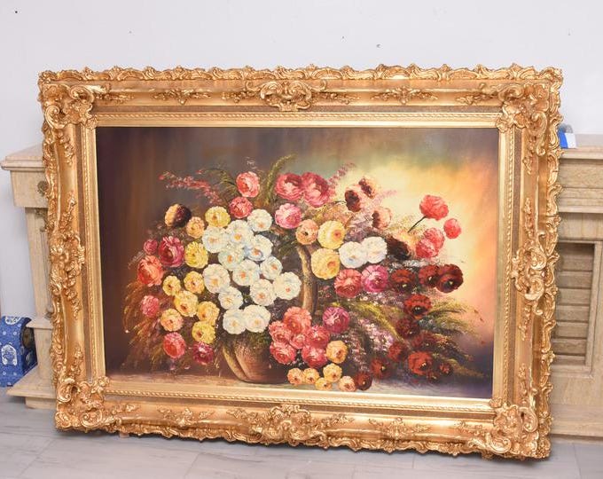 Monumental French Floral Oil Painting – Thick Impasto Canvas Wall Art