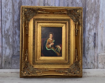 Pintura retrato aristócrata francés - bonito marco dorado - retrato mujer óleo sobre madera - arte francés - decoración de la pared - decoración del hogar - idea de regalo