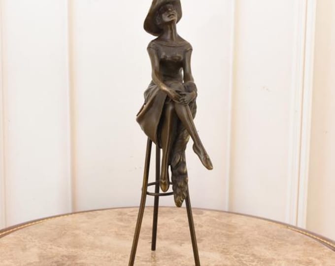 Bronze Figurine – Woman in Hat on Bar Chair – Elegant Sculpture, Art Nouveau Statue, Home Decor, Luxury Gift Idea, Collectible Art