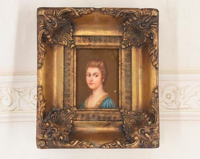 French Aristocrat Portrait Painting: Old Oil on Wood with Golden Frame