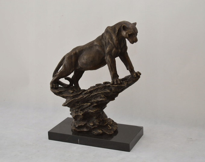 Bronze Panther Sculpture on Marble Base