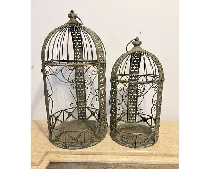 Set of 2 Vintage Metal Bird Cages – Green Patina Garden Planters, French Cottage Decor