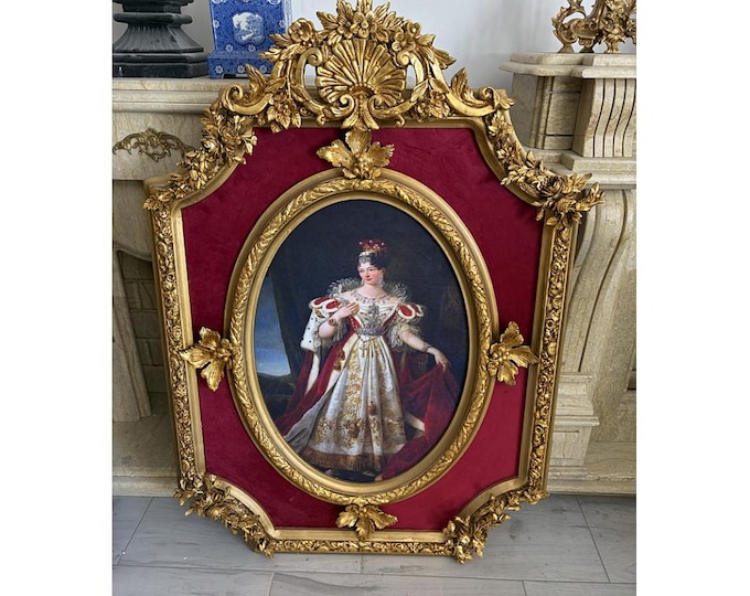 Large Vintage Aristocratic Portrait in Gold Wooden Frame, Elegant Noble Wall Art